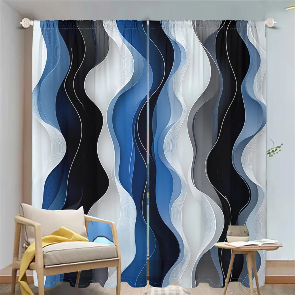 2 Pcs Modern Wave Curtains 3D Blue White Black Curve Pattern Living Room Bedroom Balcony Sunshade Abstract Art Decor