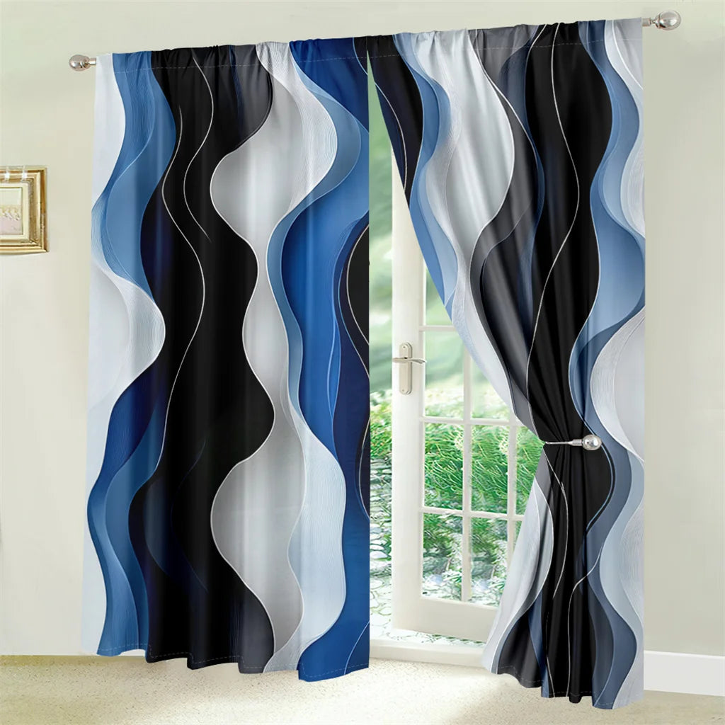 2 Pcs Modern Wave Curtains 3D Blue White Black Curve Pattern Living Room Bedroom Balcony Sunshade Abstract Art Decor
