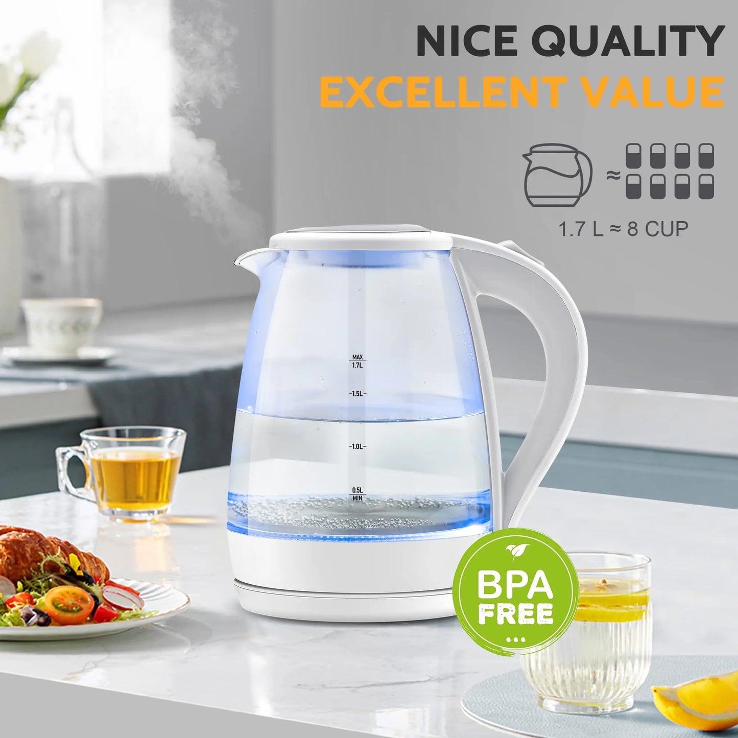 CACHOO 1.7L Borosilicate Glass Electric Tea Kettle with LED Indicator and Fast Boiling Hot Water Boiler