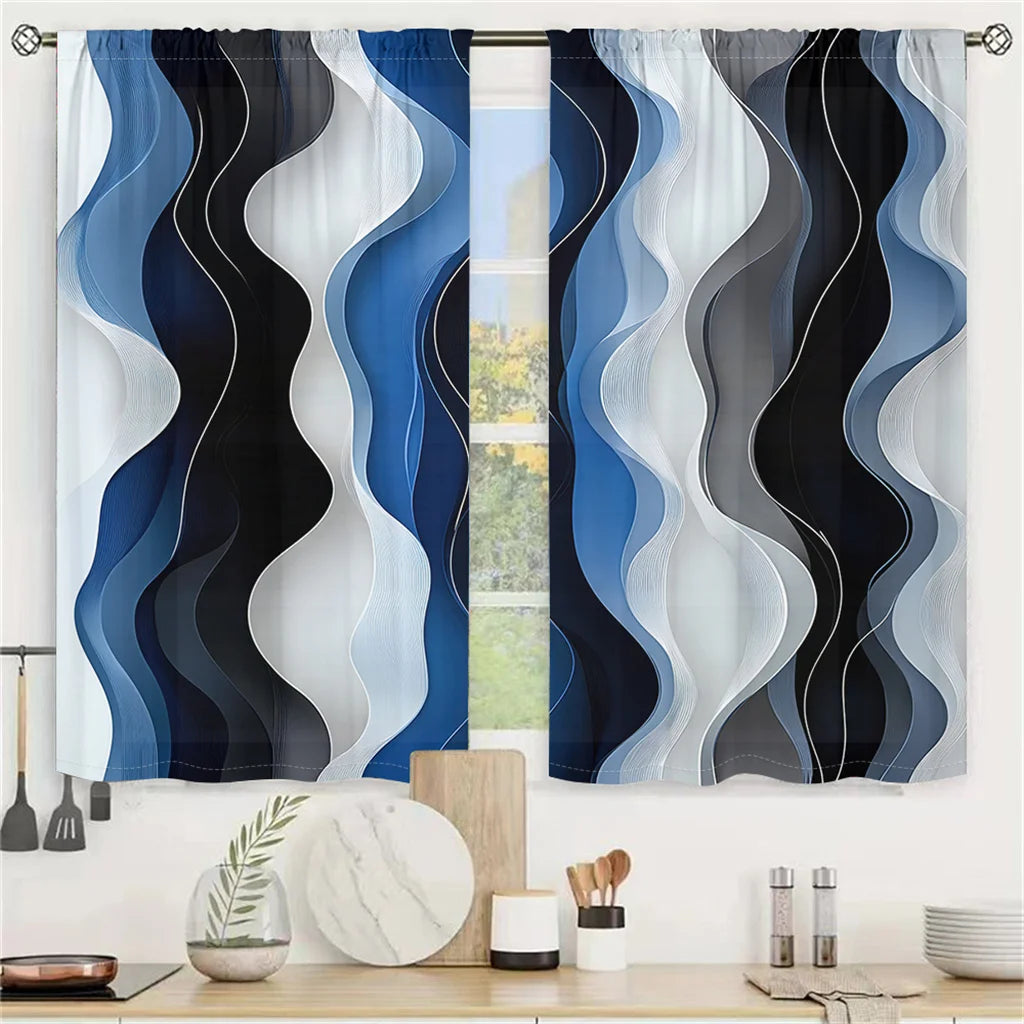 2 Pcs Modern Wave Curtains 3D Blue White Black Curve Pattern Living Room Bedroom Balcony Sunshade Abstract Art Decor