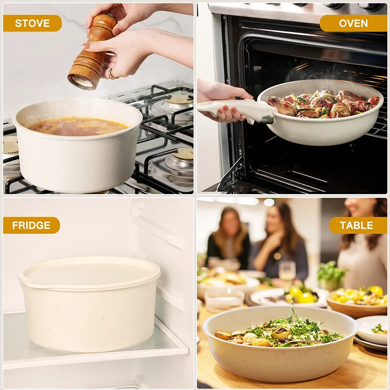 21 Piece Non Stick Pots and Pans Set Astercook Ceramic Cookware Set with Sensor Handles Milky White