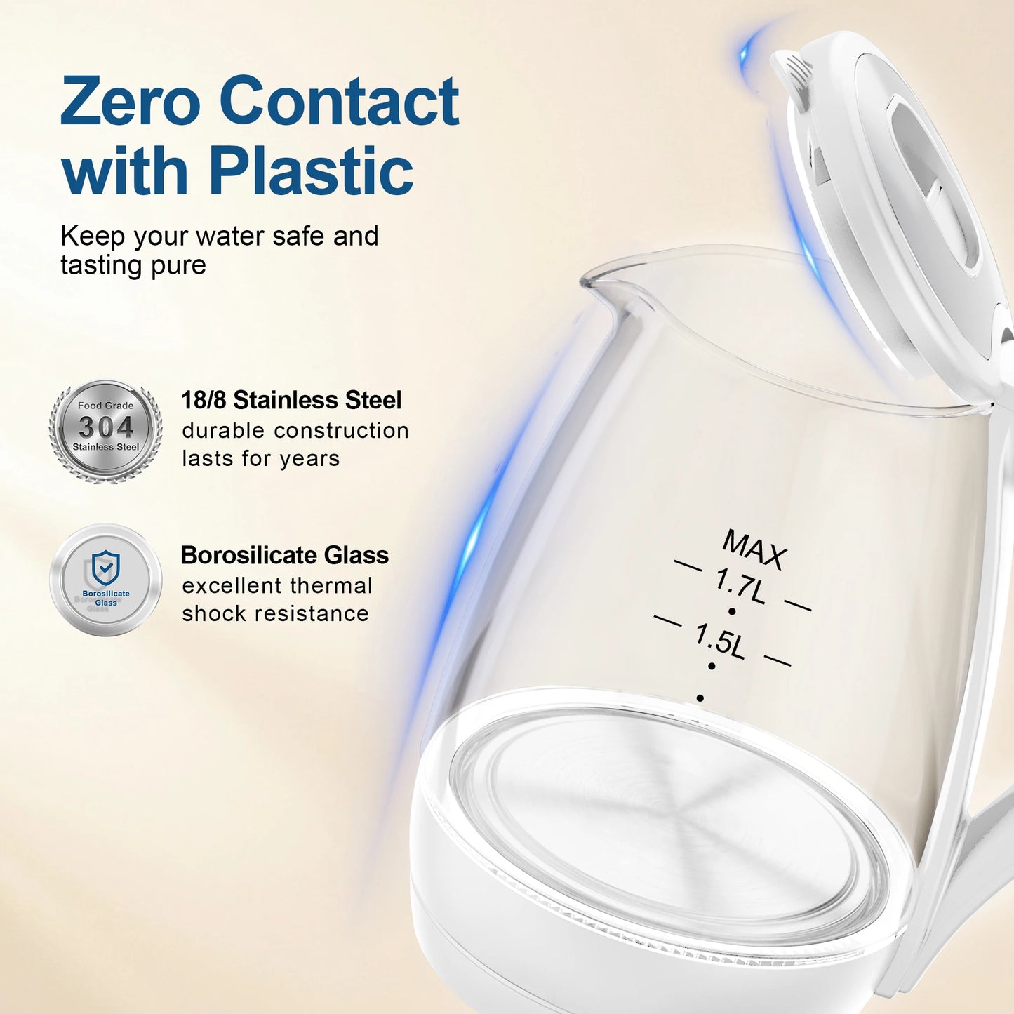 CACHOO 1.7L Borosilicate Glass Electric Tea Kettle with LED Indicator and Fast Boiling Hot Water Boiler