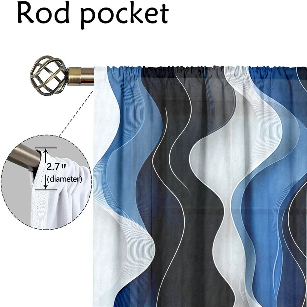 2 Pcs Modern Wave Curtains 3D Blue White Black Curve Pattern Living Room Bedroom Balcony Sunshade Abstract Art Decor