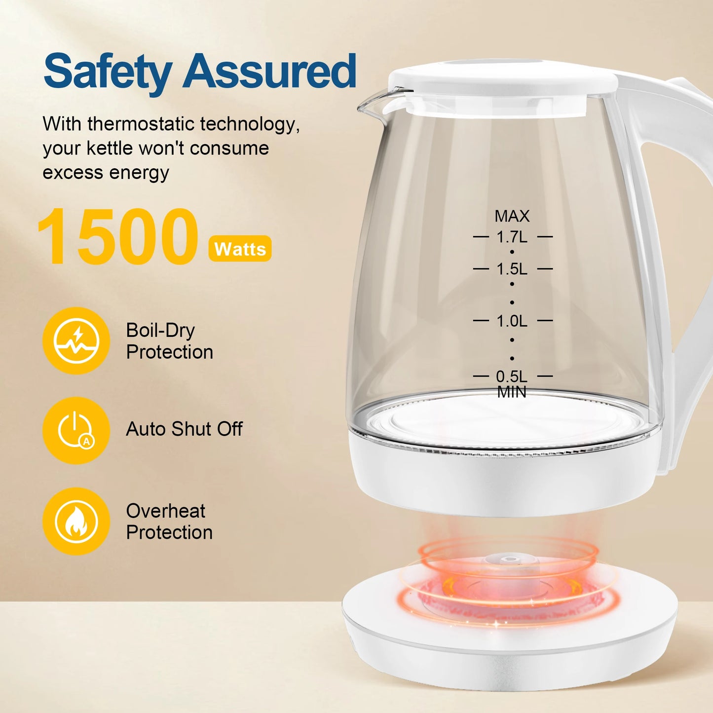 CACHOO 1.7L Borosilicate Glass Electric Tea Kettle with LED Indicator and Fast Boiling Hot Water Boiler