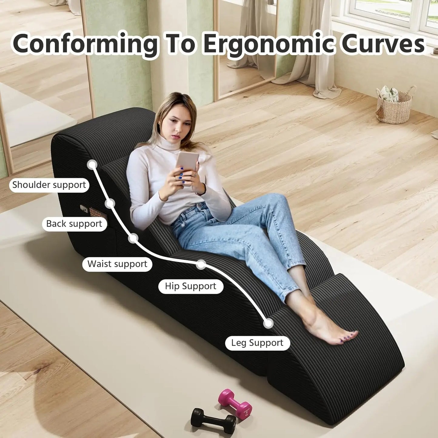 Yoga Chairs for Adults Chaise Lounge Chair with Waist Pad Foot Pad Side Pockets High Density Foam Non Slip Bottom
