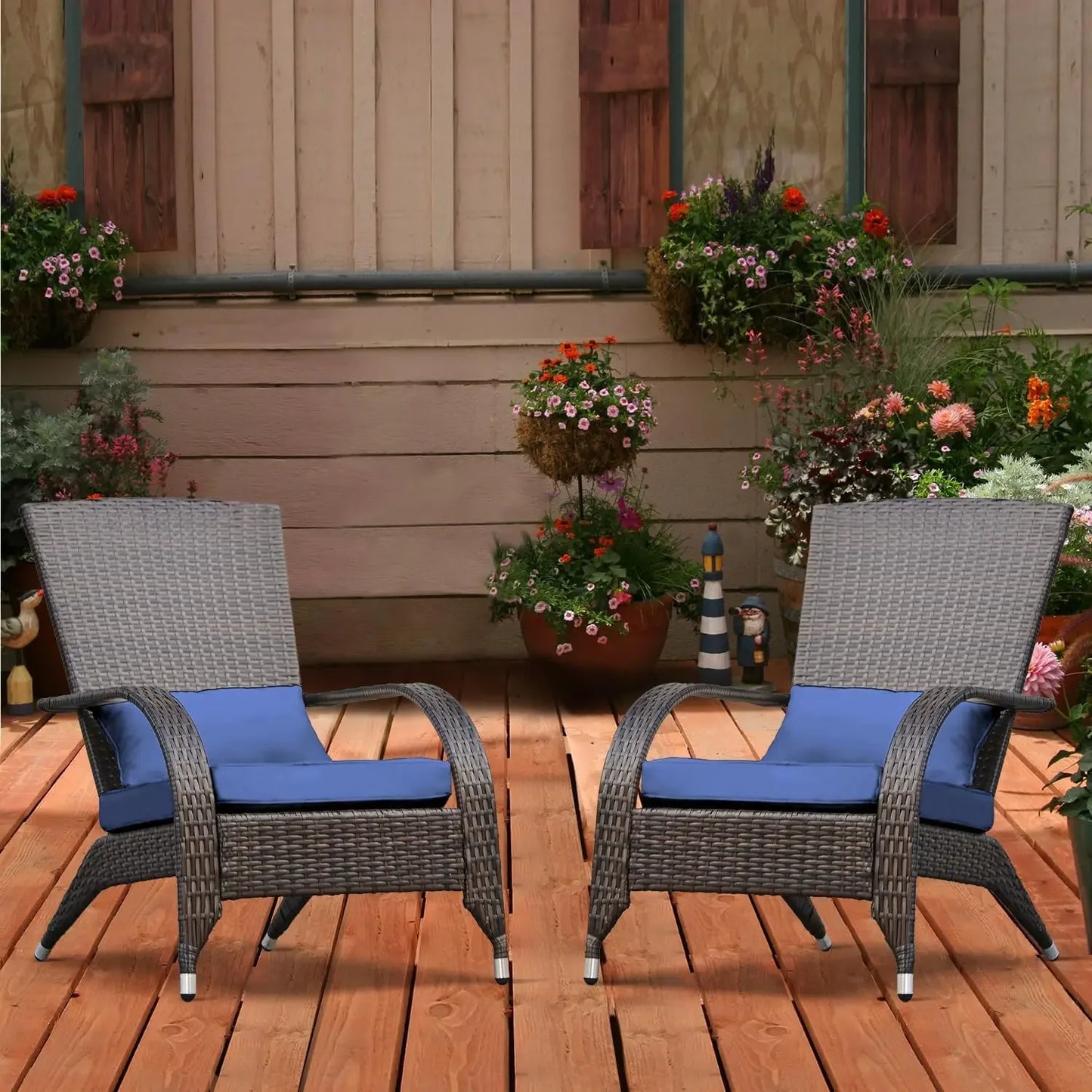 Adirondack Chairs Set of 2 Outdoor Wicker Rattan Fire Pit Chairs Oversized Comfy Relax Accent Patio Chairs with Blue Cushions
