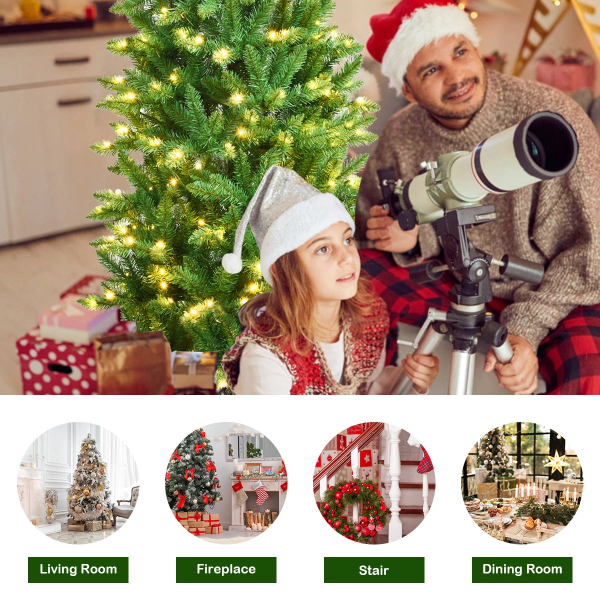 6Ft Pre-lit Artificial Pencil Christmas Tree Hinged Fir PVC Tree/ 250 LED Lights