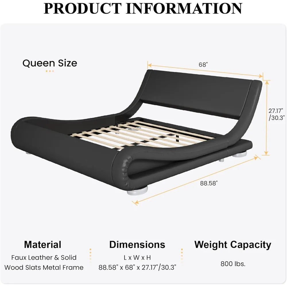 Bed frame, Low Profile Sleigh Bed with Faux Leather Ergonomics Headboard, No Box Spring Needed Easy Assembly, Bedroom Furniture