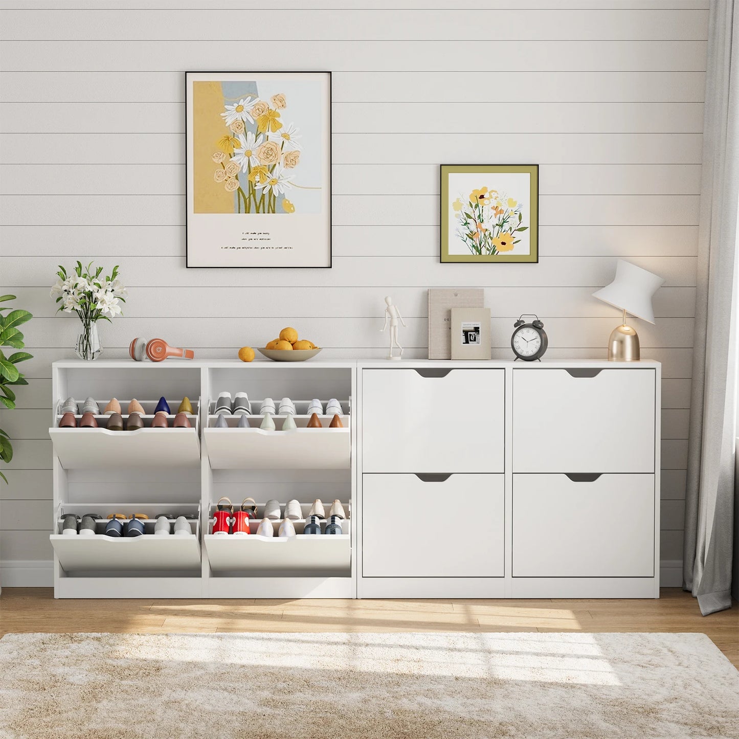 VOWNER Shoe Storage Cabinet with 4 Flip Drawers Freestanding Shoe Cabinet for Home Furniture