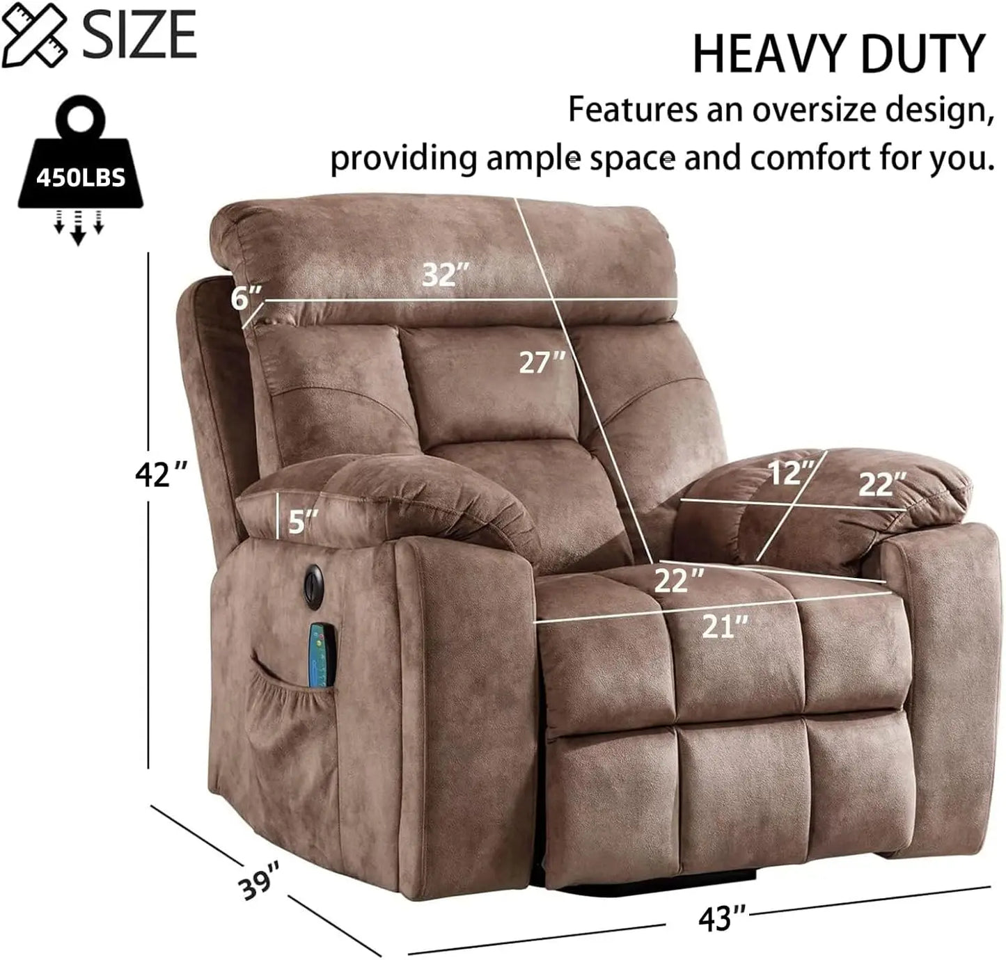 Massage and Heat Recliner for Elderly Big and Tall People Overstuffed Wide Chair with 2 Cup Holders Side Pocket and USB Port Camel