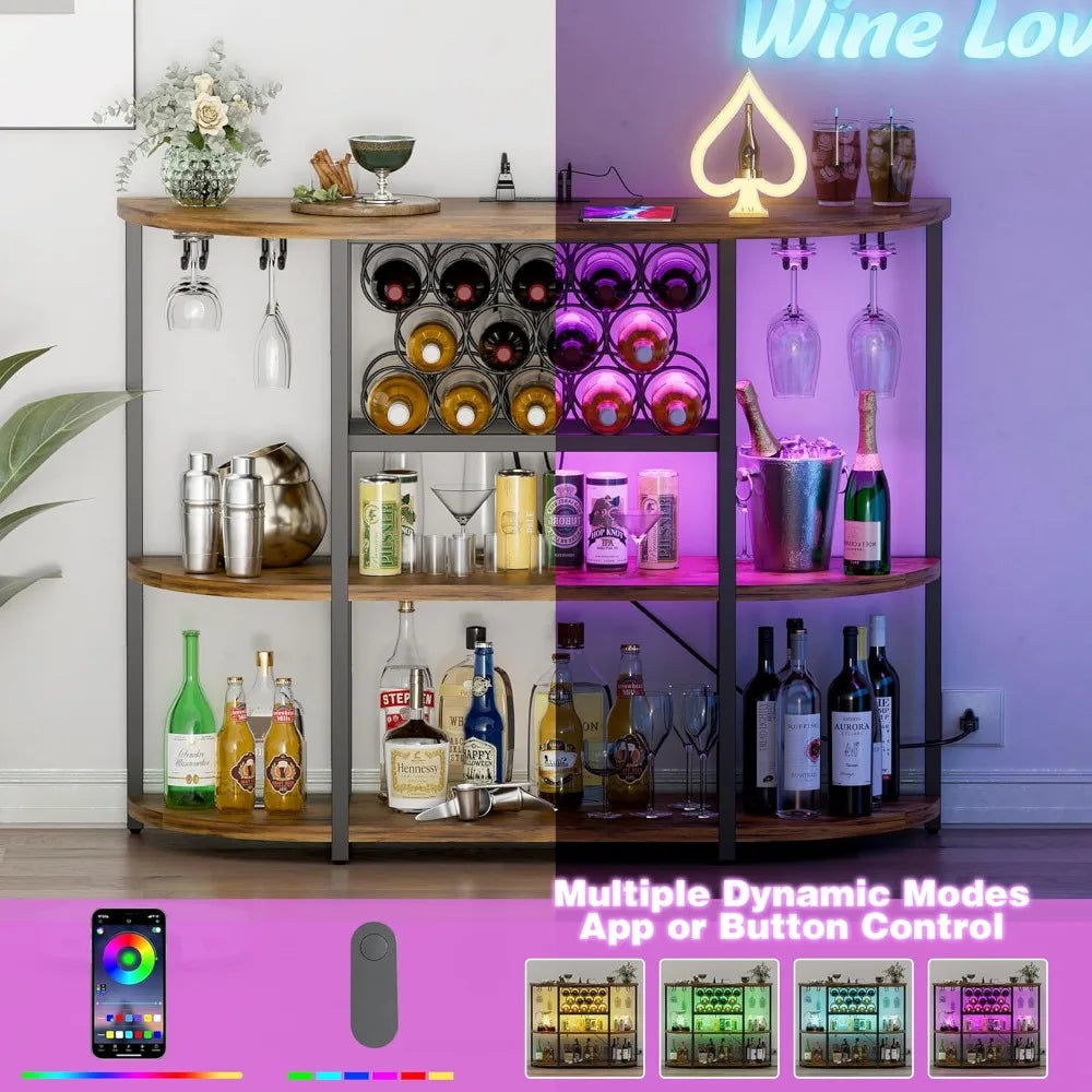 Wine Bar Cabinet with Lights and Outlet 4-Tier Freestanding Storage Rack in Brown Minimalist Modern Design