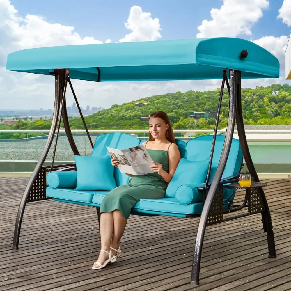 Outdoor Porch Swing with Adjustable Canopy Three Seat Outdoor Swing for Adults Patio Swing Chair with Thickened Cushions Khaki