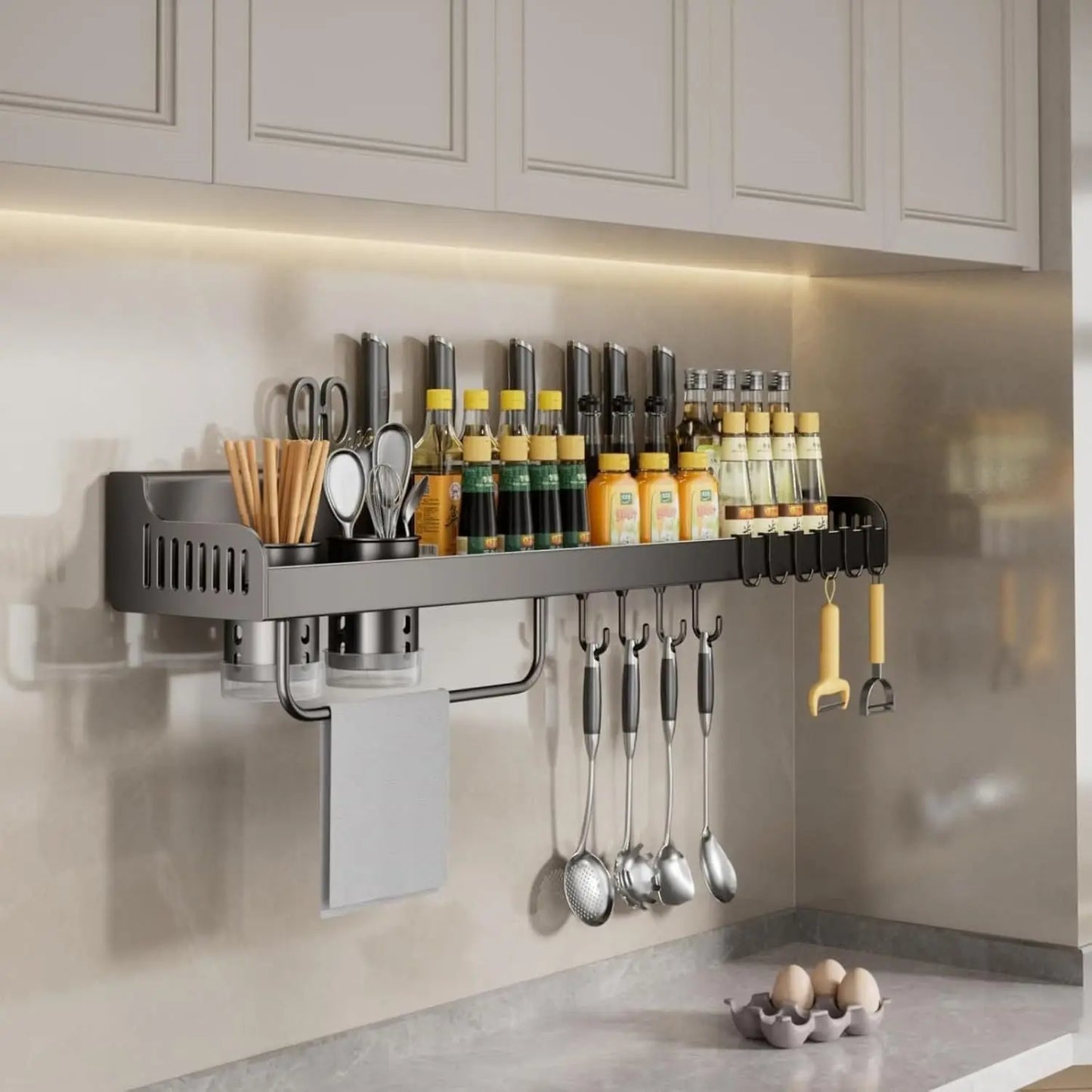 Wall Mounted Spice Rack With Hooks For Kitchen Utensils