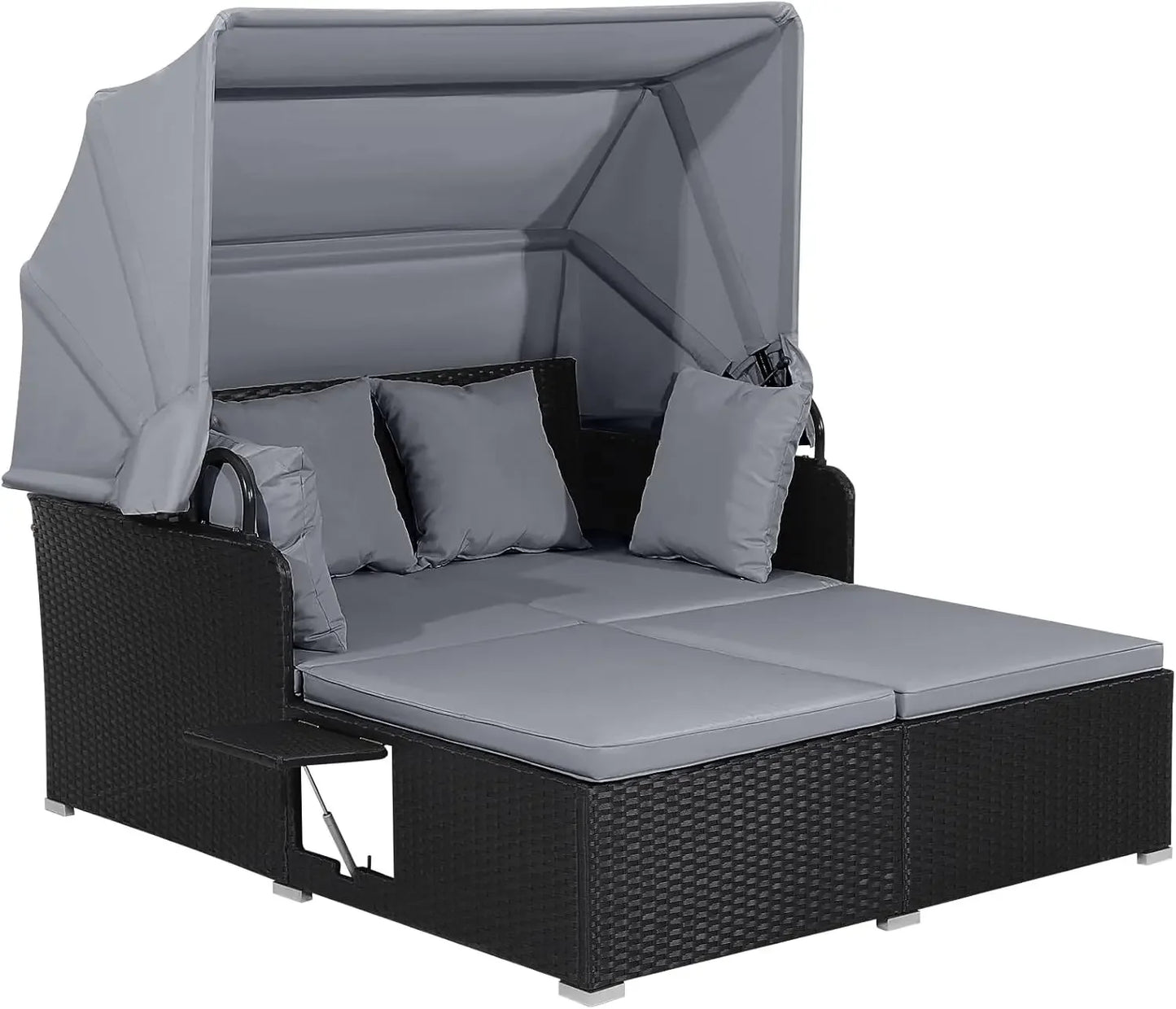 Outdoor Hand Woven PE Wicker Daybed Patio Loveseat Sofa Set with Retractable Canopy and 2 Side Tables