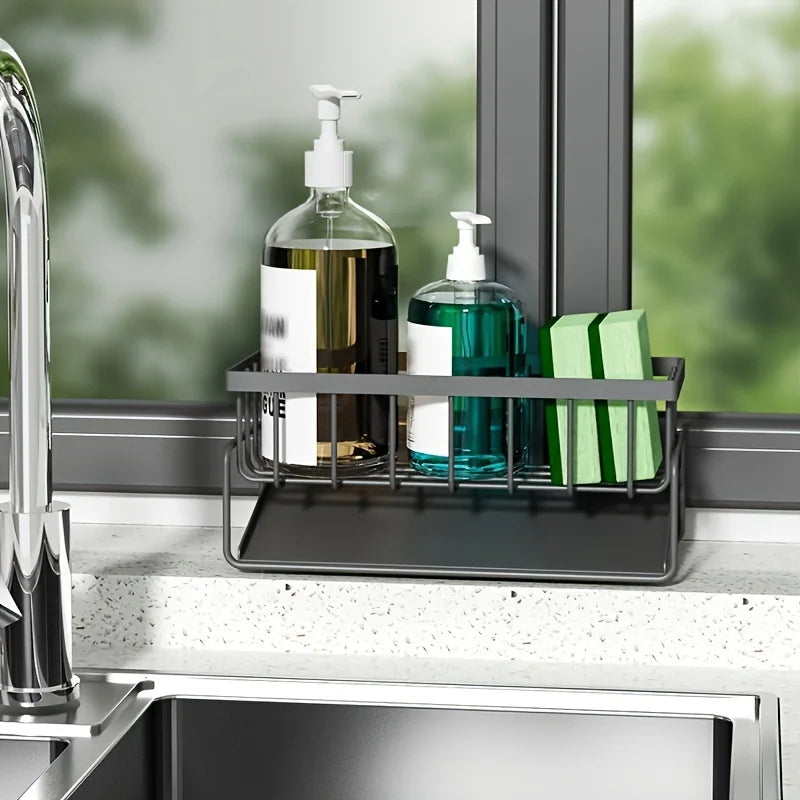 Multi-Functional Sink Caddy Organizer 9.1 Inch Wide Kitchen Storage Sponge Drain Rack with Dishcloth Holder