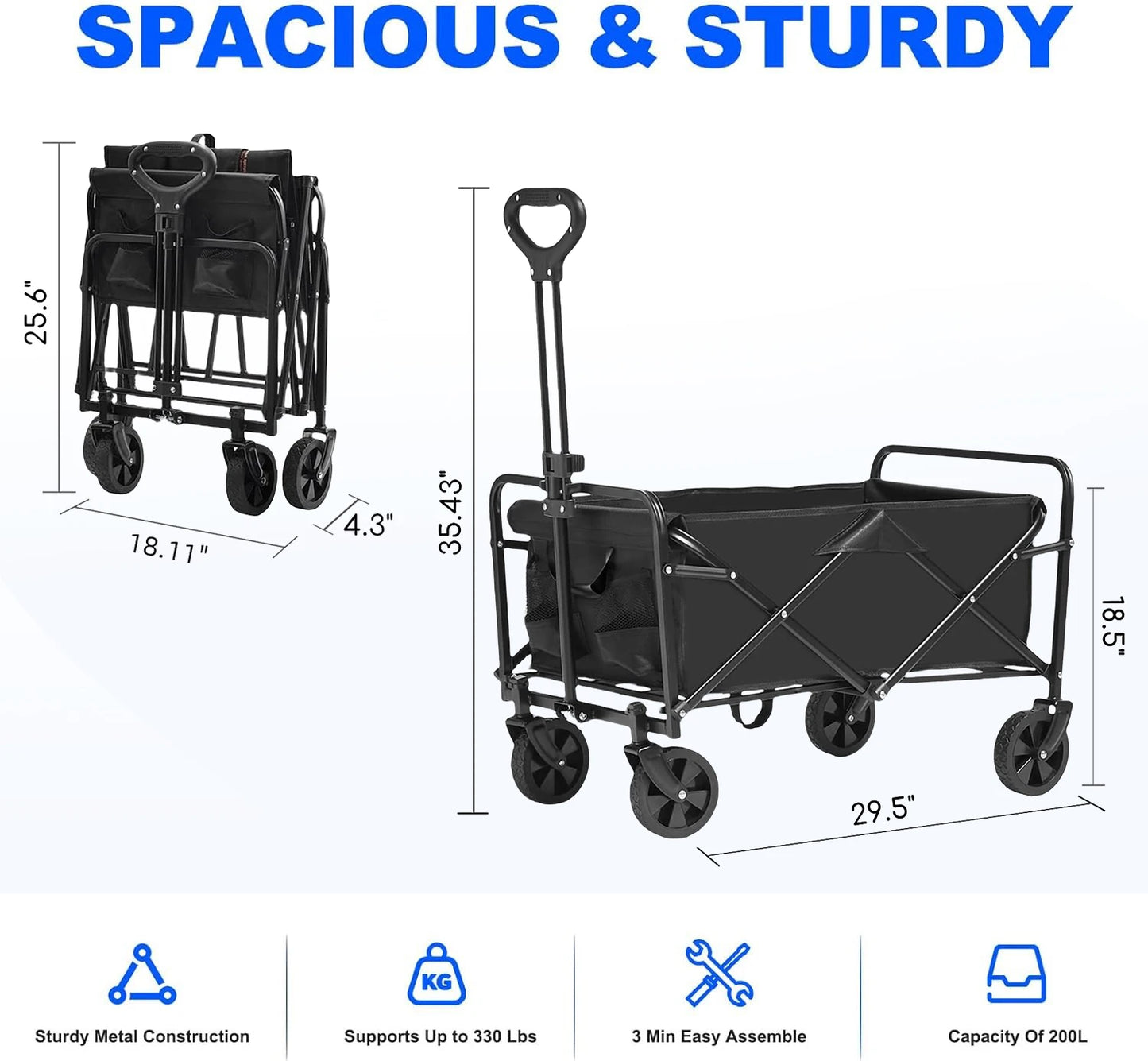 Heavy Duty All Terrain Folding Wagon Cart for Camping Grocery Shopping Garden and Sports Black Large Foldable Wagon