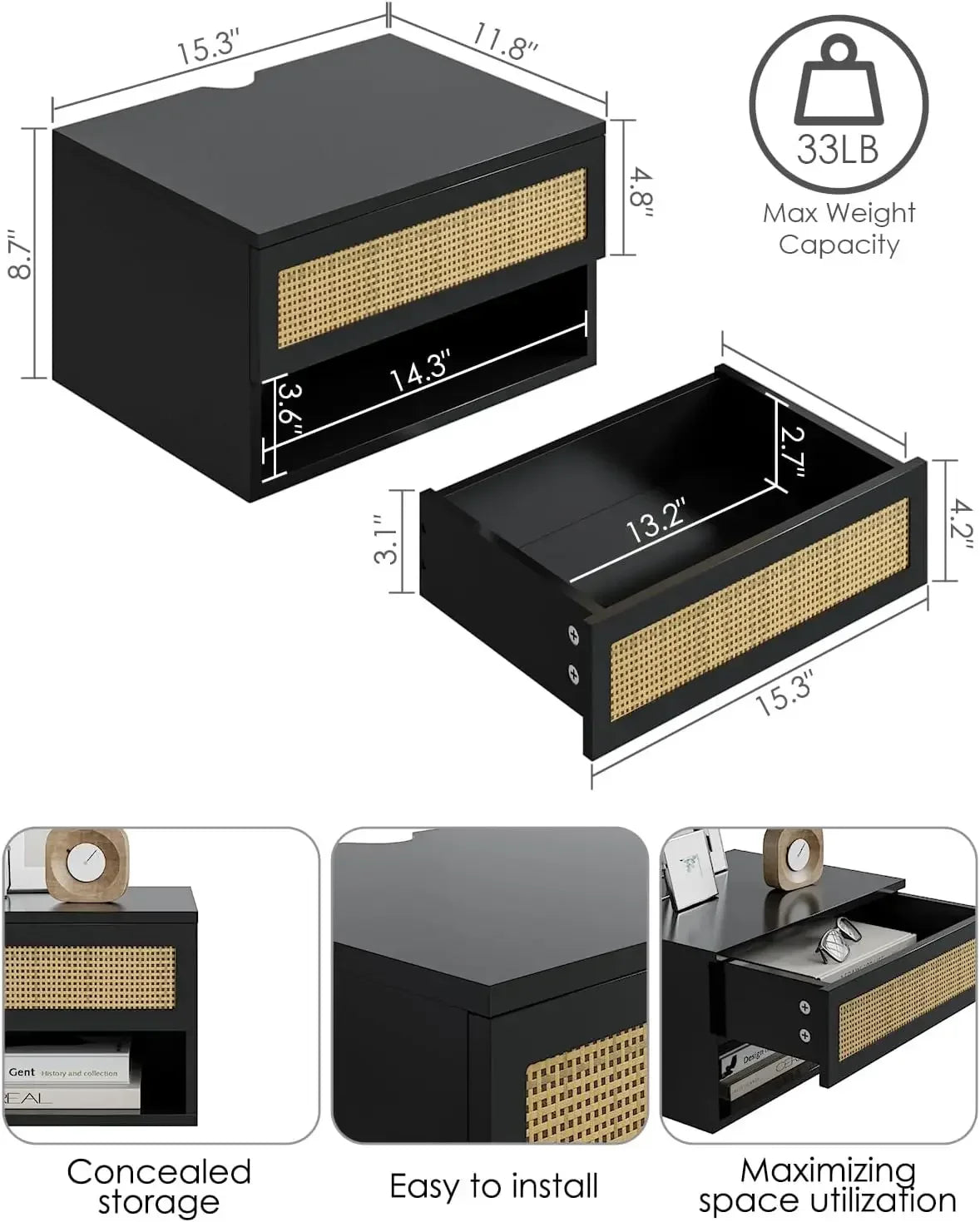 Floating Nightstand With Drawer Black Rattan For Bedroom
