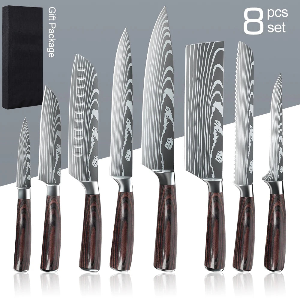 8PCS Japanese Kitchen Knife Set Professional Laser Damascus Pattern Stainless Steel Meat Cleaver Slicer Knife