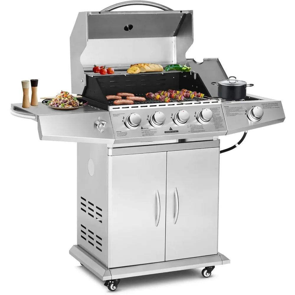 Propane Gas Grill with 4 Burners and Side Burner Stainless Steel Grill Cart with Wheels for Outdoor Patio Garden