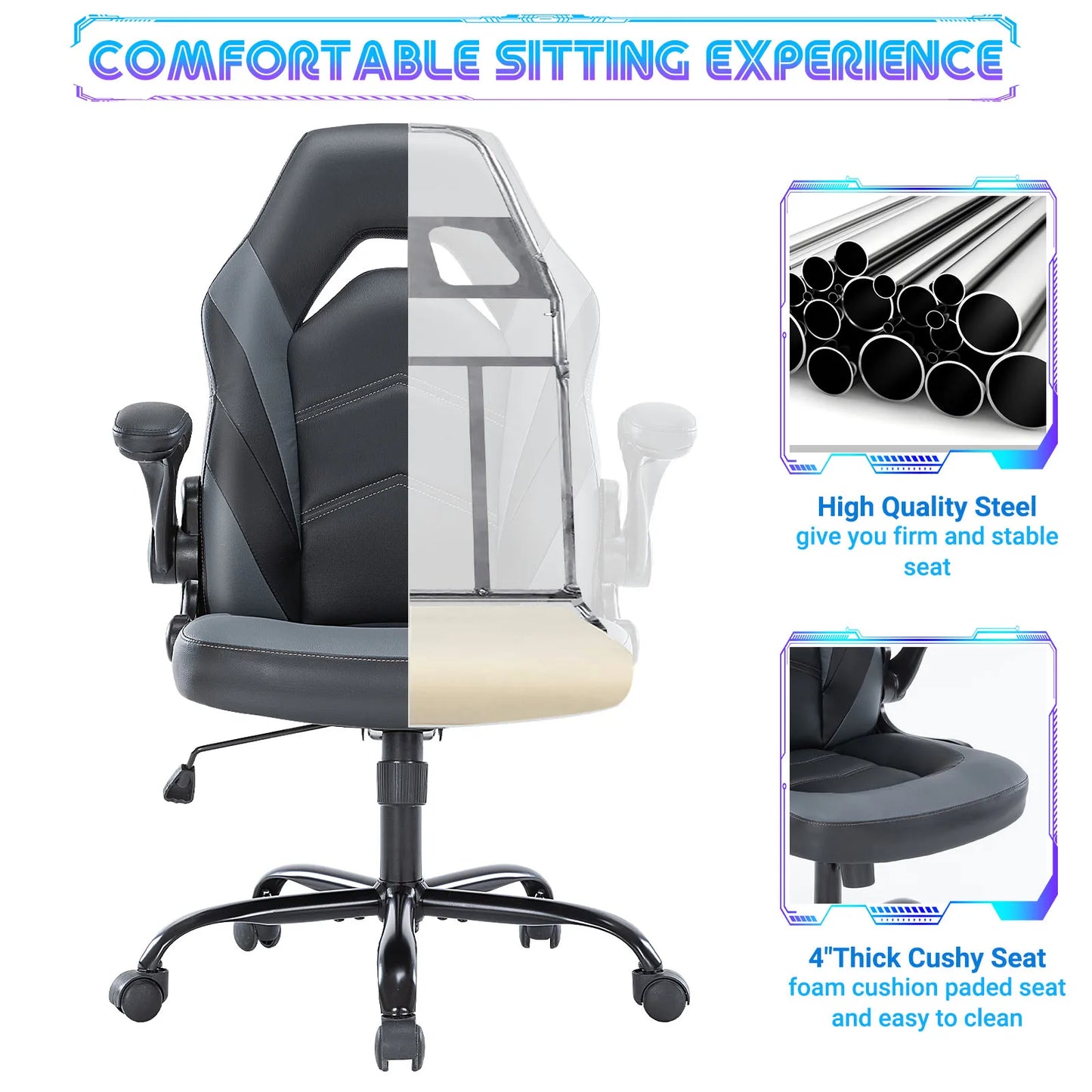 JHK Ergonomic Office Computer Gaming Desk Chair Adjustable PU Leather Racing Chair with Flip-Up Armrest Grey