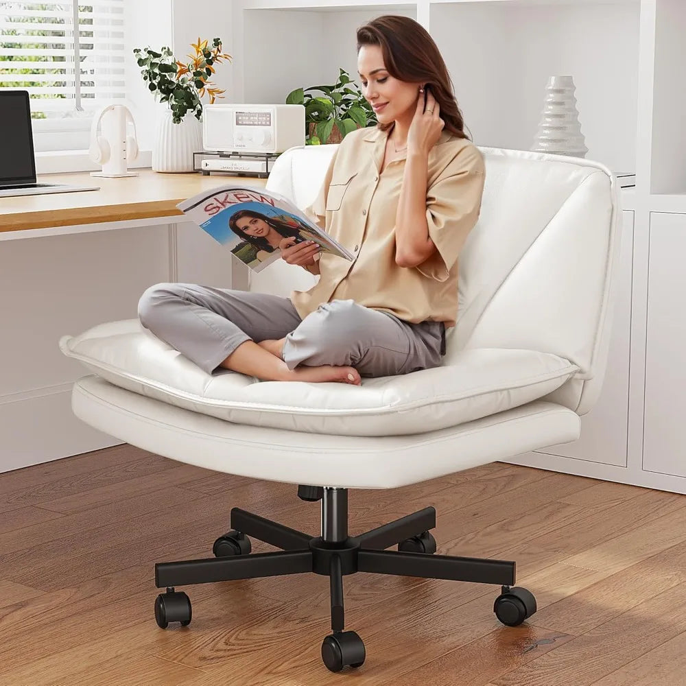 Armless 27 Inch Wide Criss Cross Chair with Wheels Leather Cross Legged Vanity Chair with Two Layer Cushion Swivel Modern Home Office White
