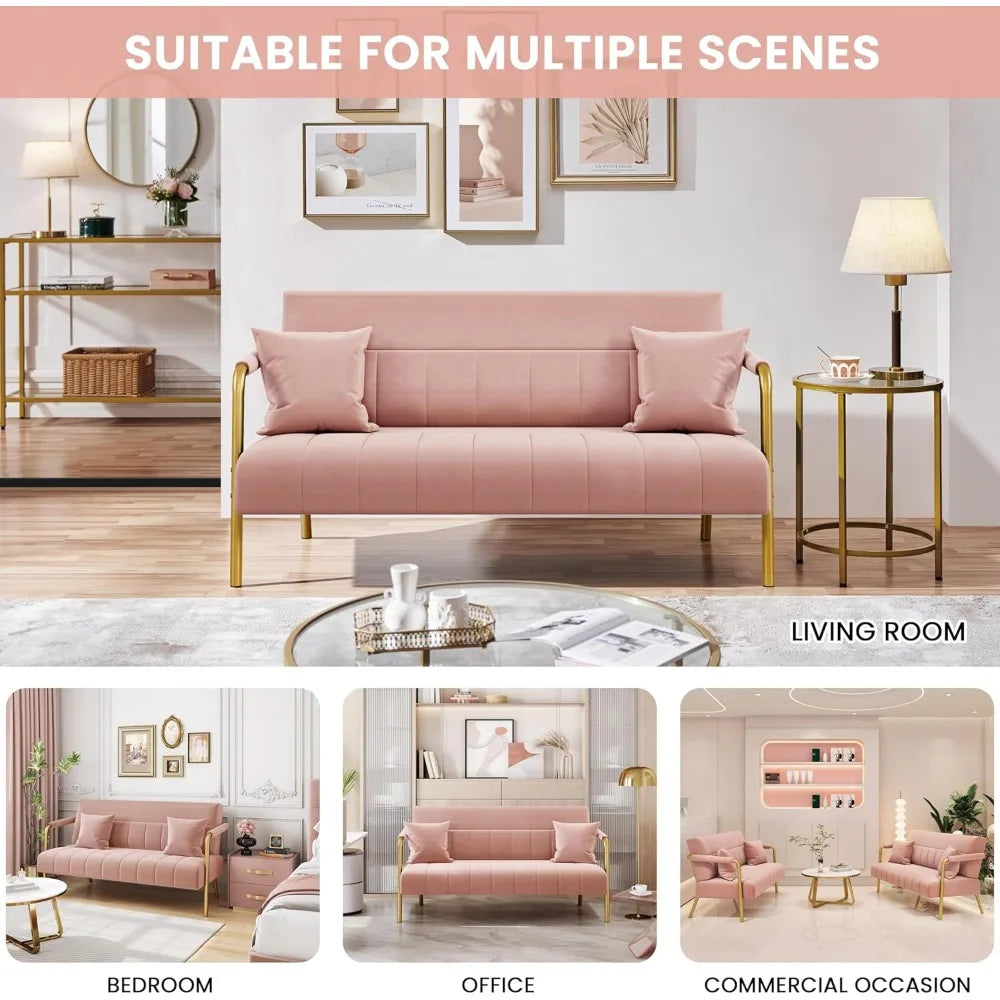 Lux Velvet Sofa With Gold Tone Metal Arms For Living Room