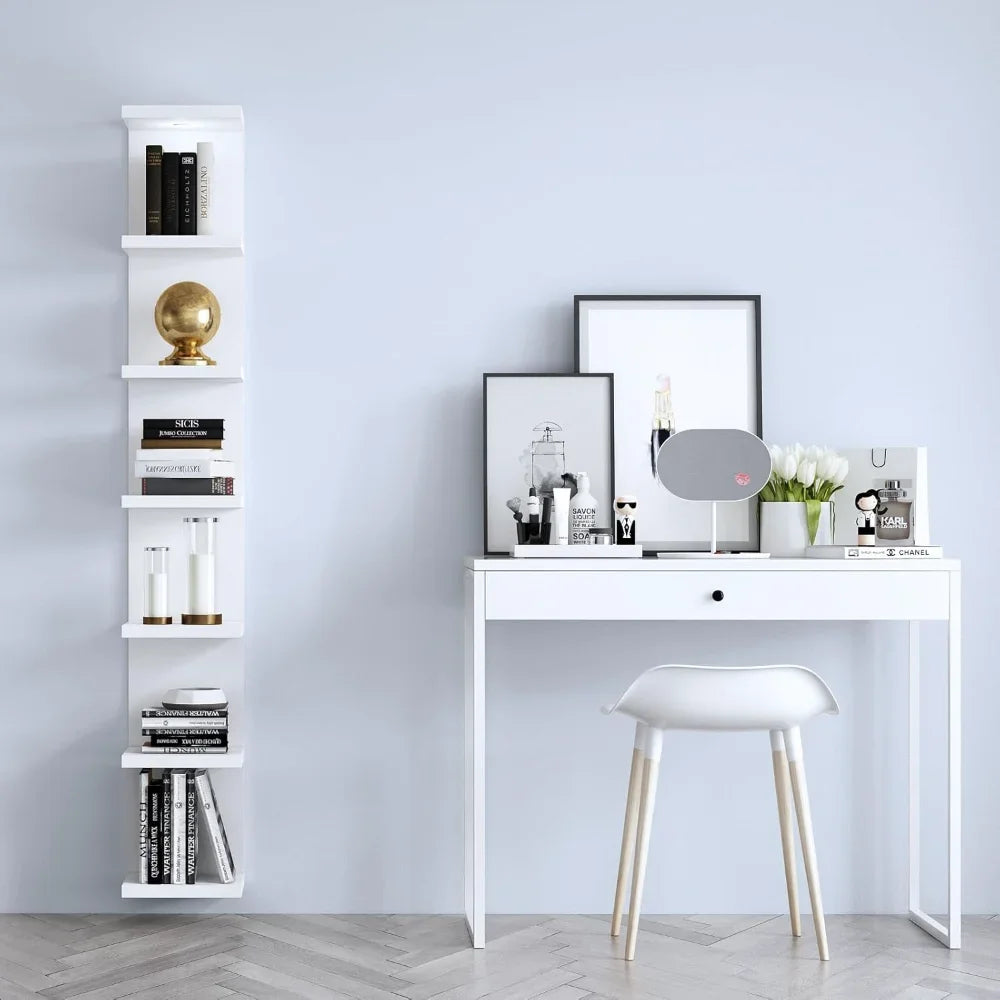 Versatile 7 Tier Floating Wall Shelf Unit with LED Remote Control Light in White Lack Finish