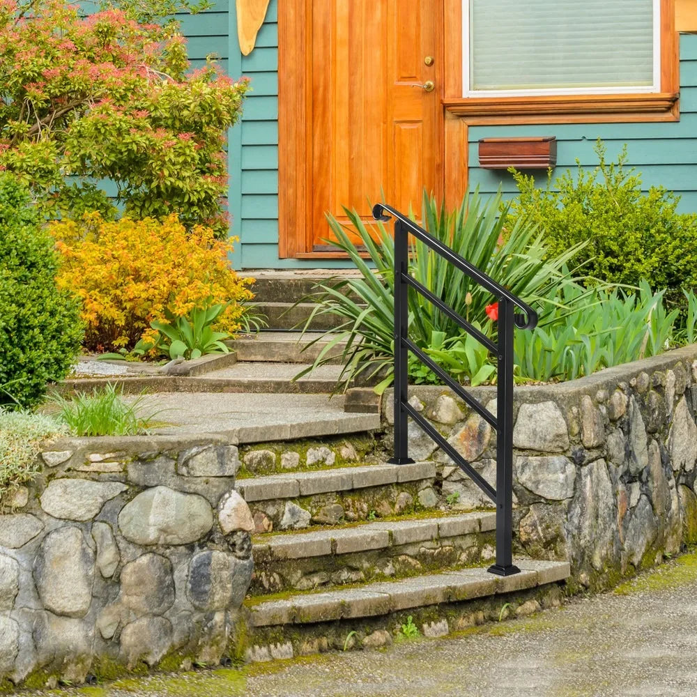 Adjustable Iron Handrail Black Fit 1 or 3 Steps Handrail for Outdoor Steps