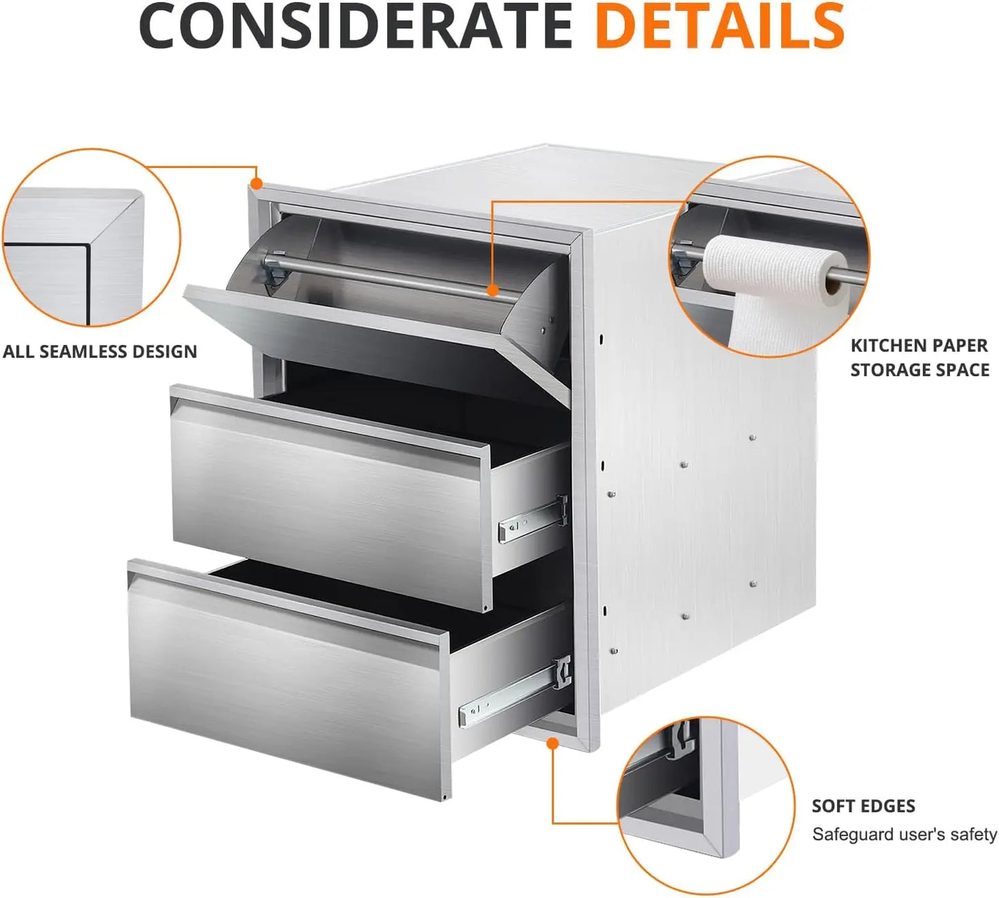 Outdoor Kitchen Drawers with Paper Towel Holder Stainless Steel BBQ Drawers 3-Layer Flush Mount Design