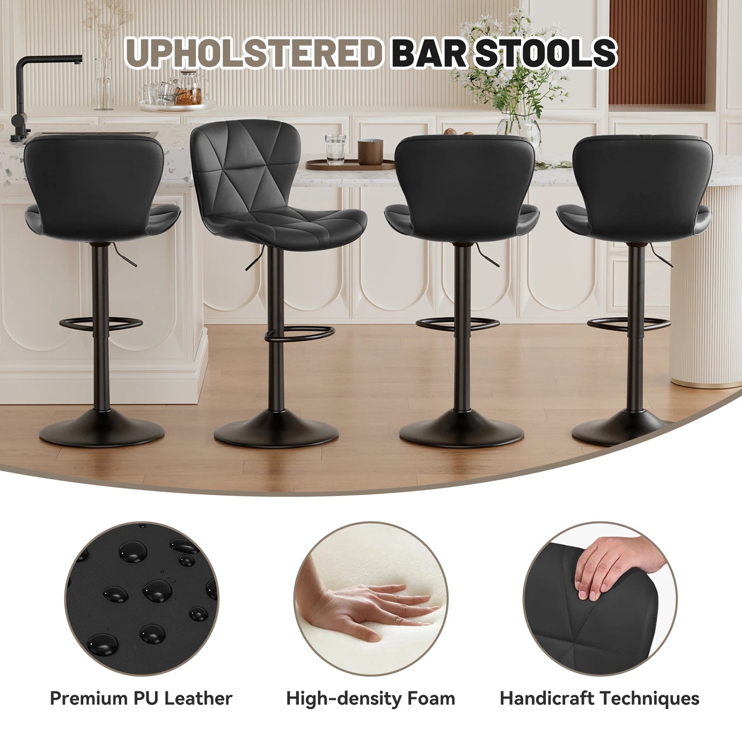 2 Pcs Bar Chair 360 Degree Rotation Adjustable Height Faux Leather Upholstered Backrest Bar Furniture for Dining Room Kitchen