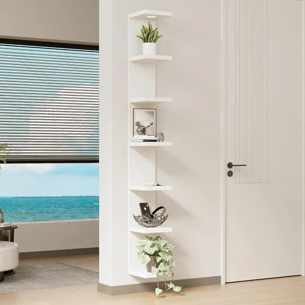 Versatile 7 Tier Floating Wall Shelf Unit with LED Remote Control Light in White Lack Finish