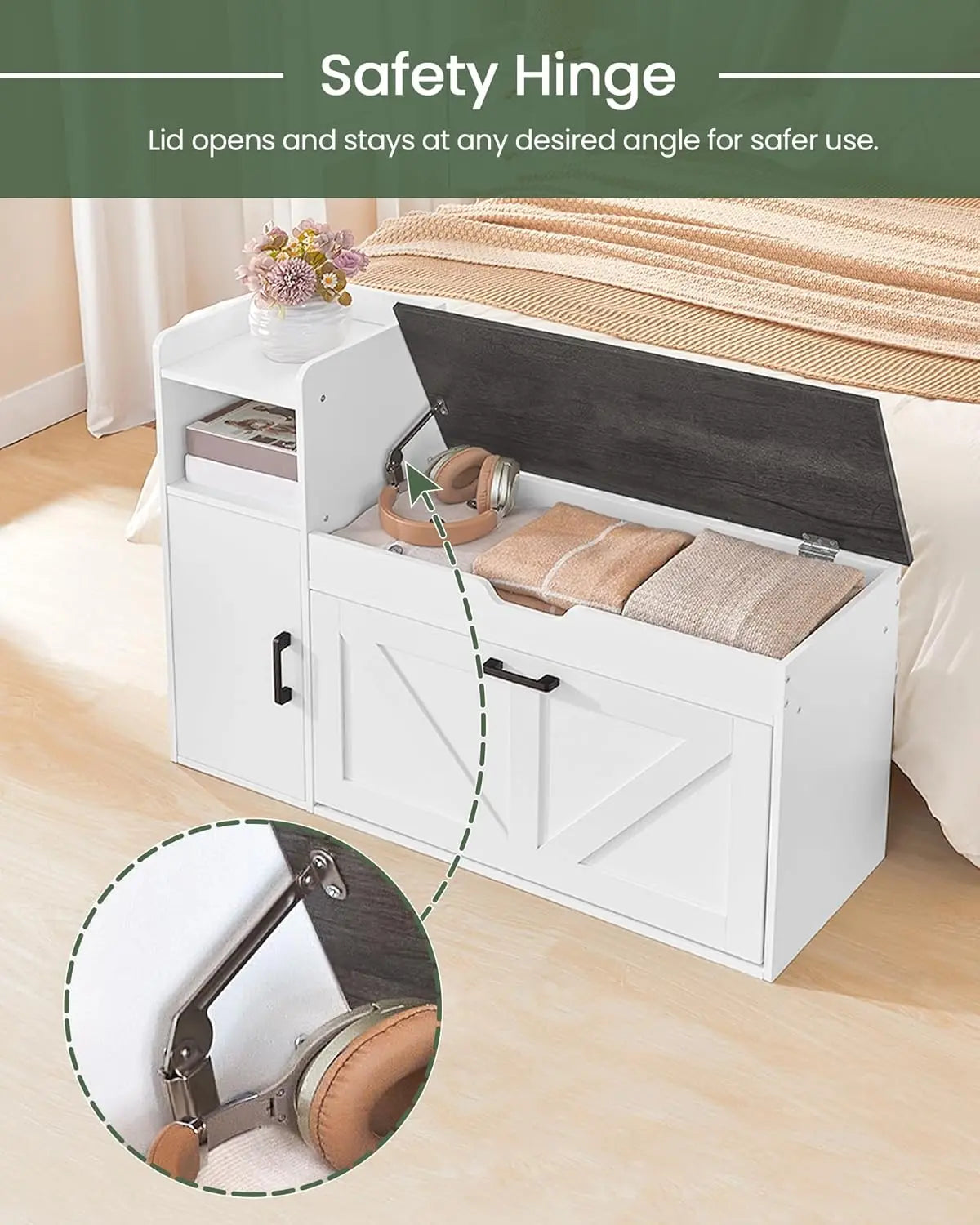 Farmhouse Shoe Storage Bench With Flip Drawer Seat White