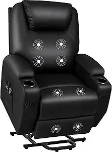 Power Lift Recliner Chair with Massage for Elderly PU Leather Modern Reclining Sofa Chair with Cup Holders and Remote Control