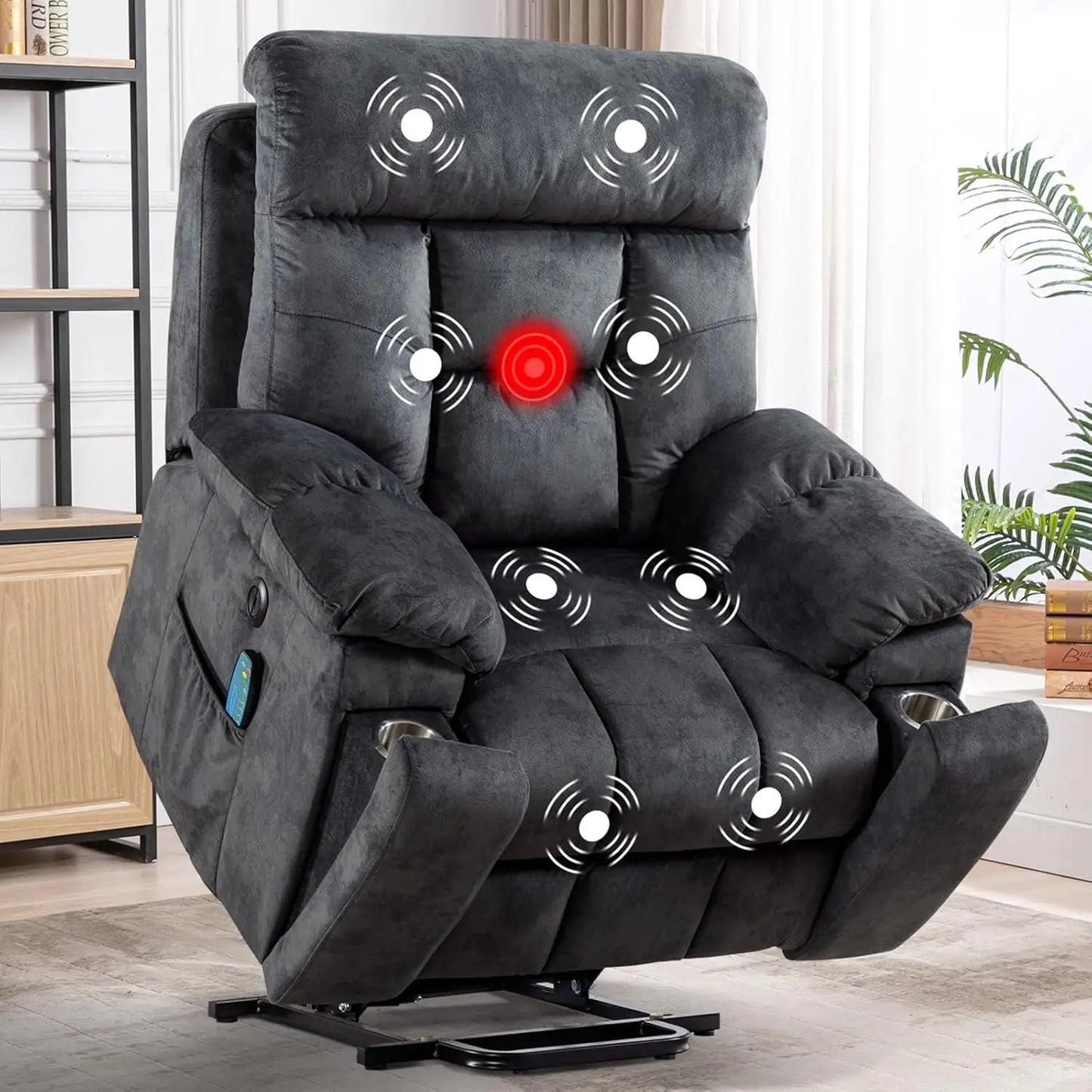Massage and Heat Recliner for Elderly Big and Tall People Overstuffed Wide Chair with 2 Cup Holders Side Pocket and USB Port Camel