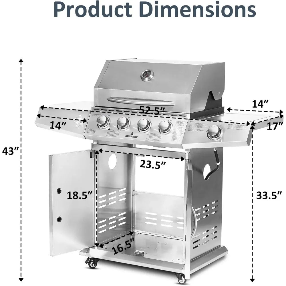 Propane Gas Grill with 4 Burners and Side Burner Stainless Steel Grill Cart with Wheels for Outdoor Patio Garden