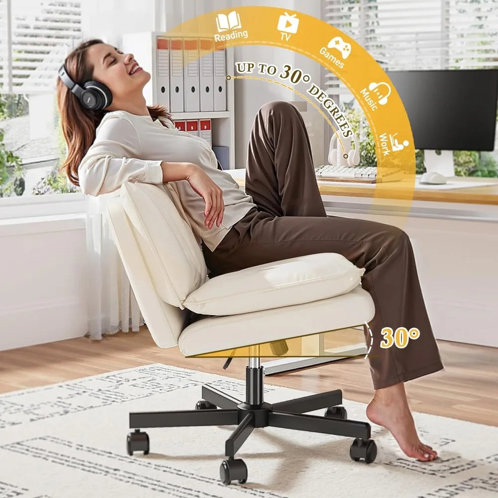Armless 27 Inch Wide Criss Cross Chair with Wheels Leather Cross Legged Vanity Chair with Two Layer Cushion Swivel Modern Home Office White