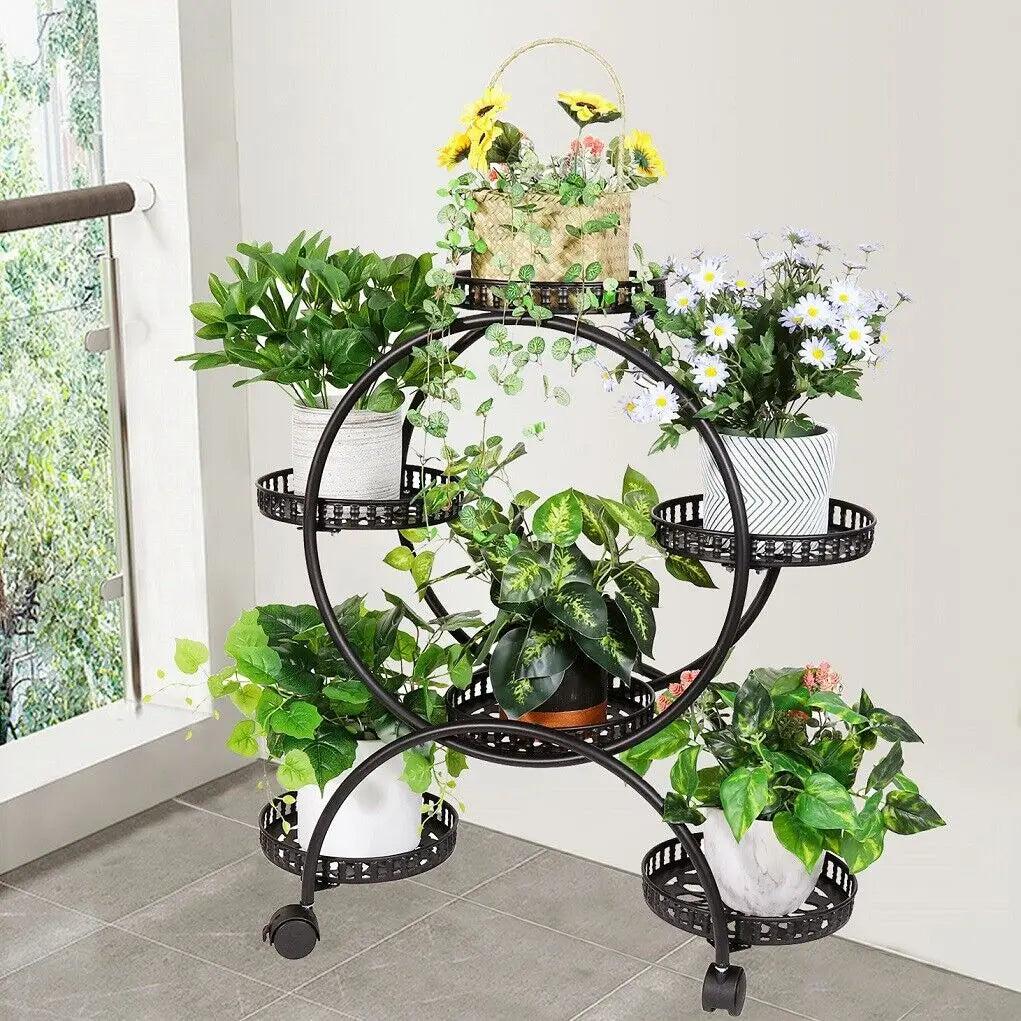 4 Layer 6 Pots Flower Holder Plant Stand Shelf 4 Wheel Free Moving Display Rack for Balcony and Garden