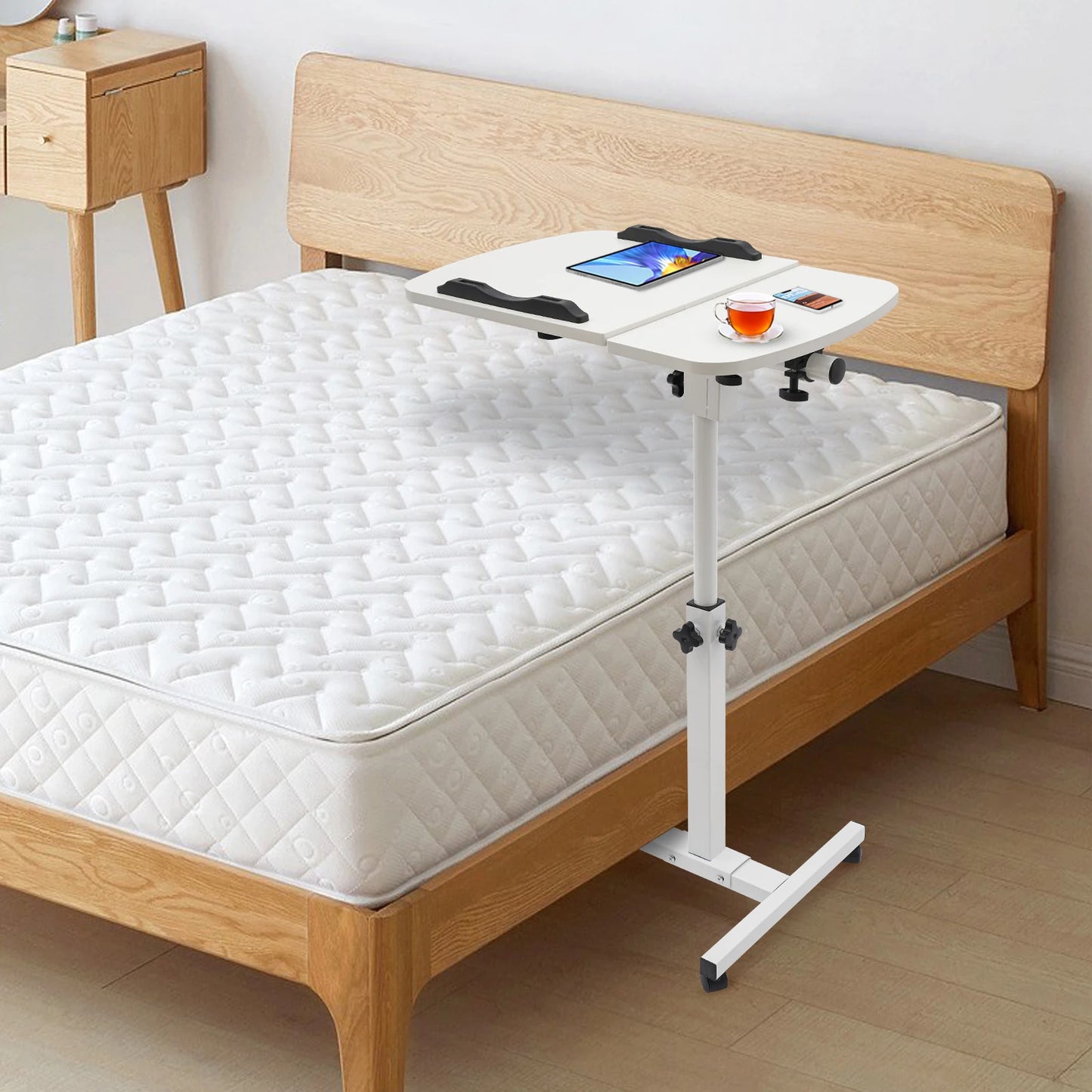 White MDF Carbon Steel Adjustable Laptop Stand With Wheels