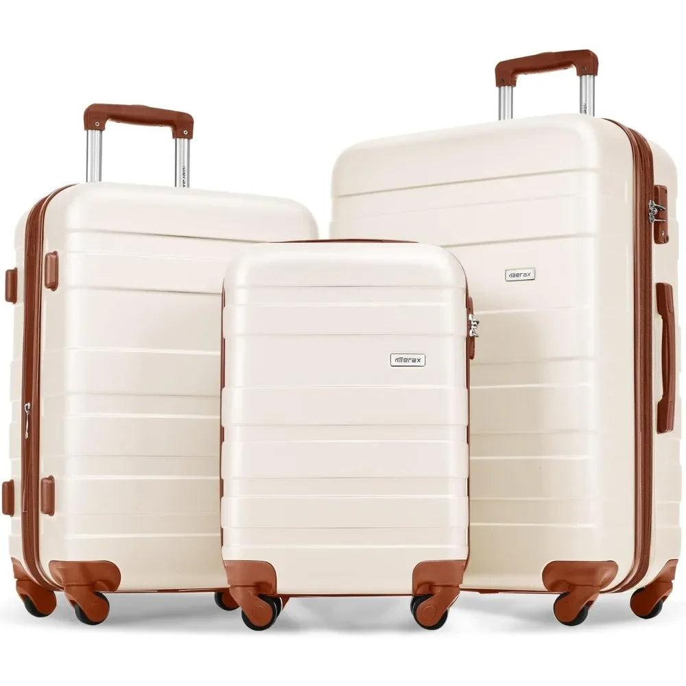 Merax 3 Piece ABS Luggage Set TSA Lock Pearly White 20 24 28