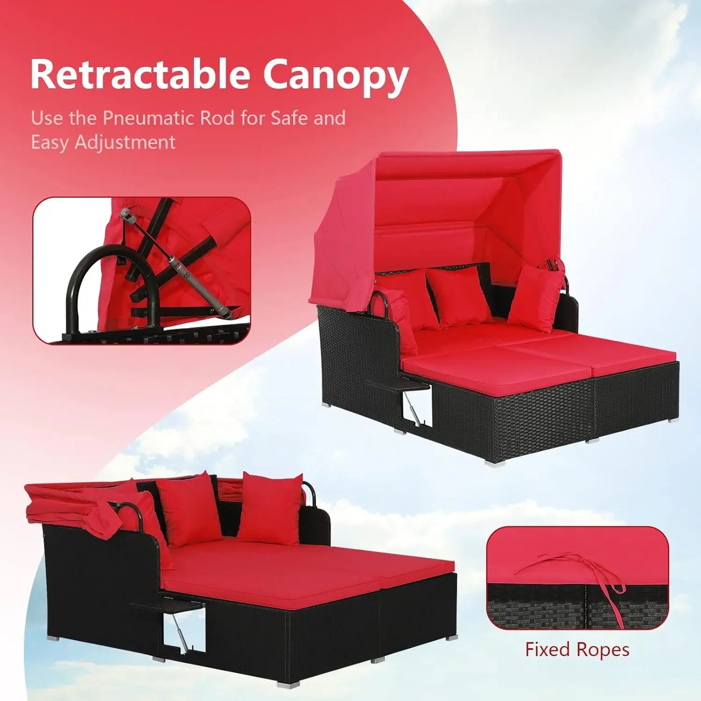 Outdoor Hand Woven PE Wicker Daybed Patio Loveseat Sofa Set with Retractable Canopy and 2 Side Tables