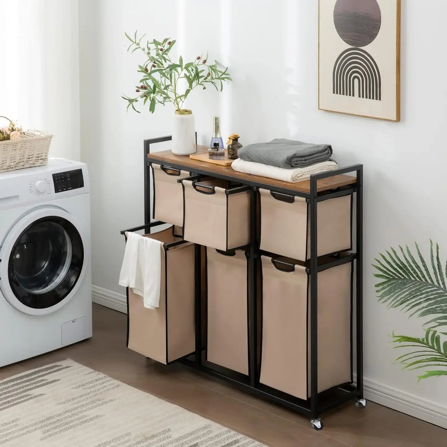 Laundry Basket Organizer with 6 Sliding Sorter Bags Hampers for Laundry 6 Compartments Plastic Bag House Organization