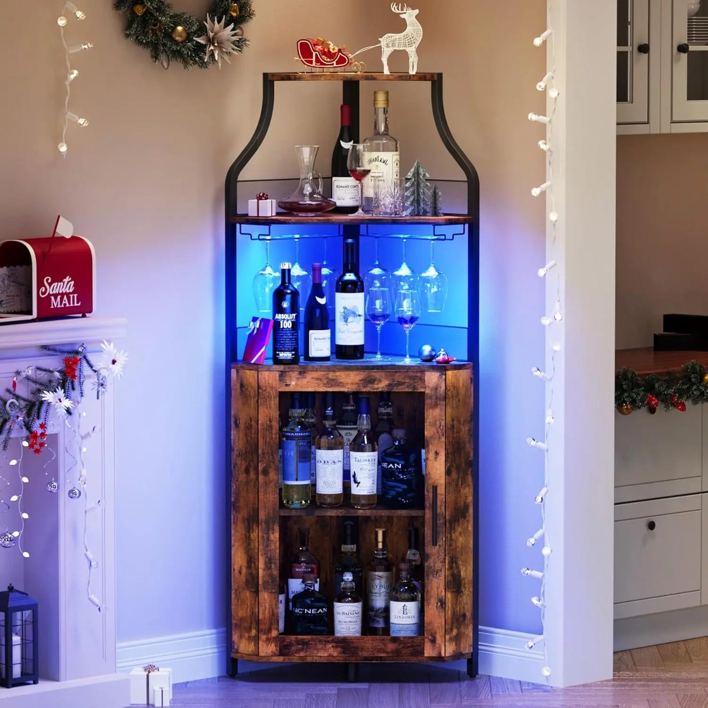 Corner Bar Wine Cabinet with LED Lights 5-Tier Industrial Wine Cabinet with Glass Holder Modern Liquor Cabinet White and Gold