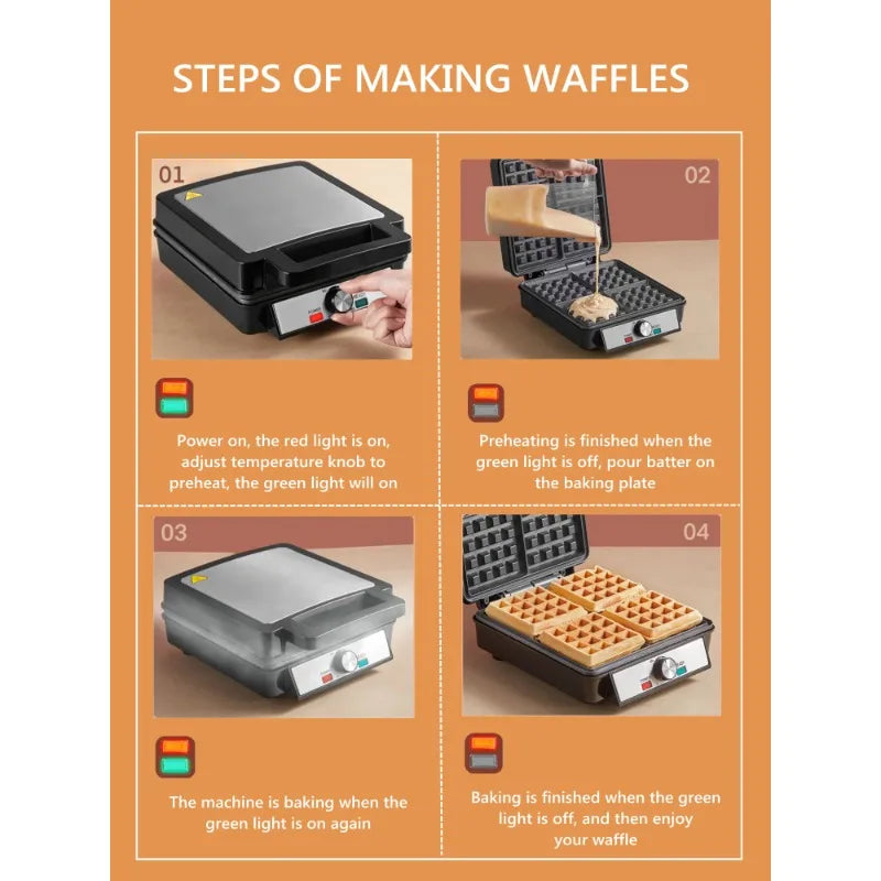 FOHERE Four Waffle Maker Electric Belgian Black Stainless