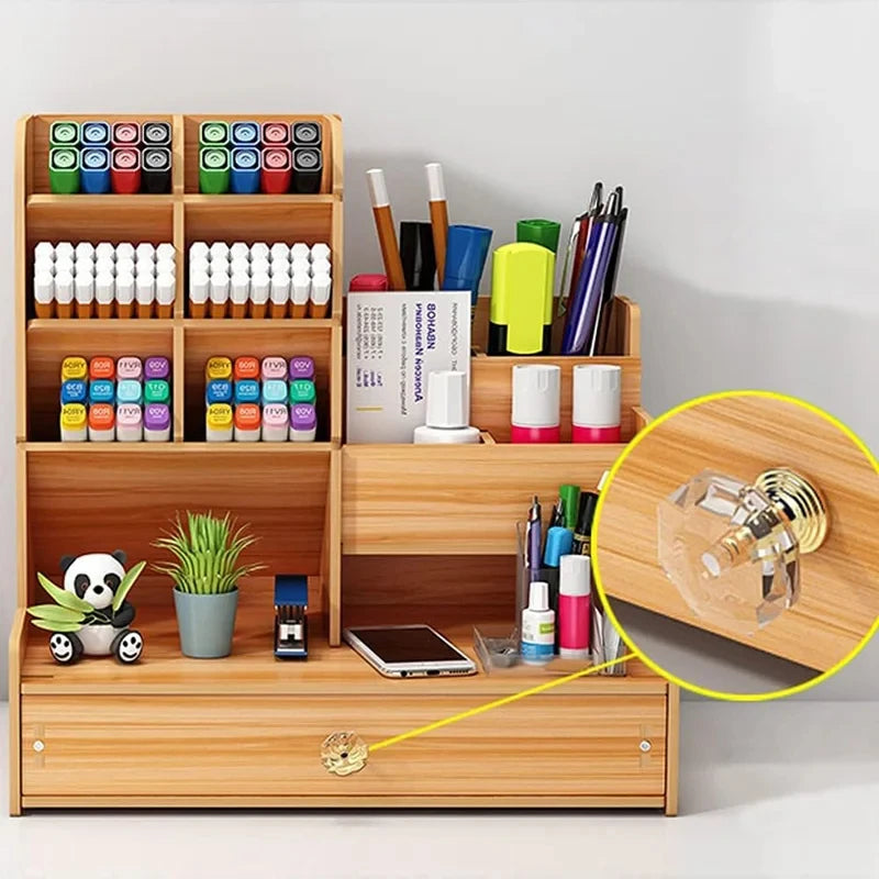 Wooden Desk Organizer DIY Desktop Tidy Pen Holder Large Capacity Stationery Storage Box with Drawer for Home Office and School Black