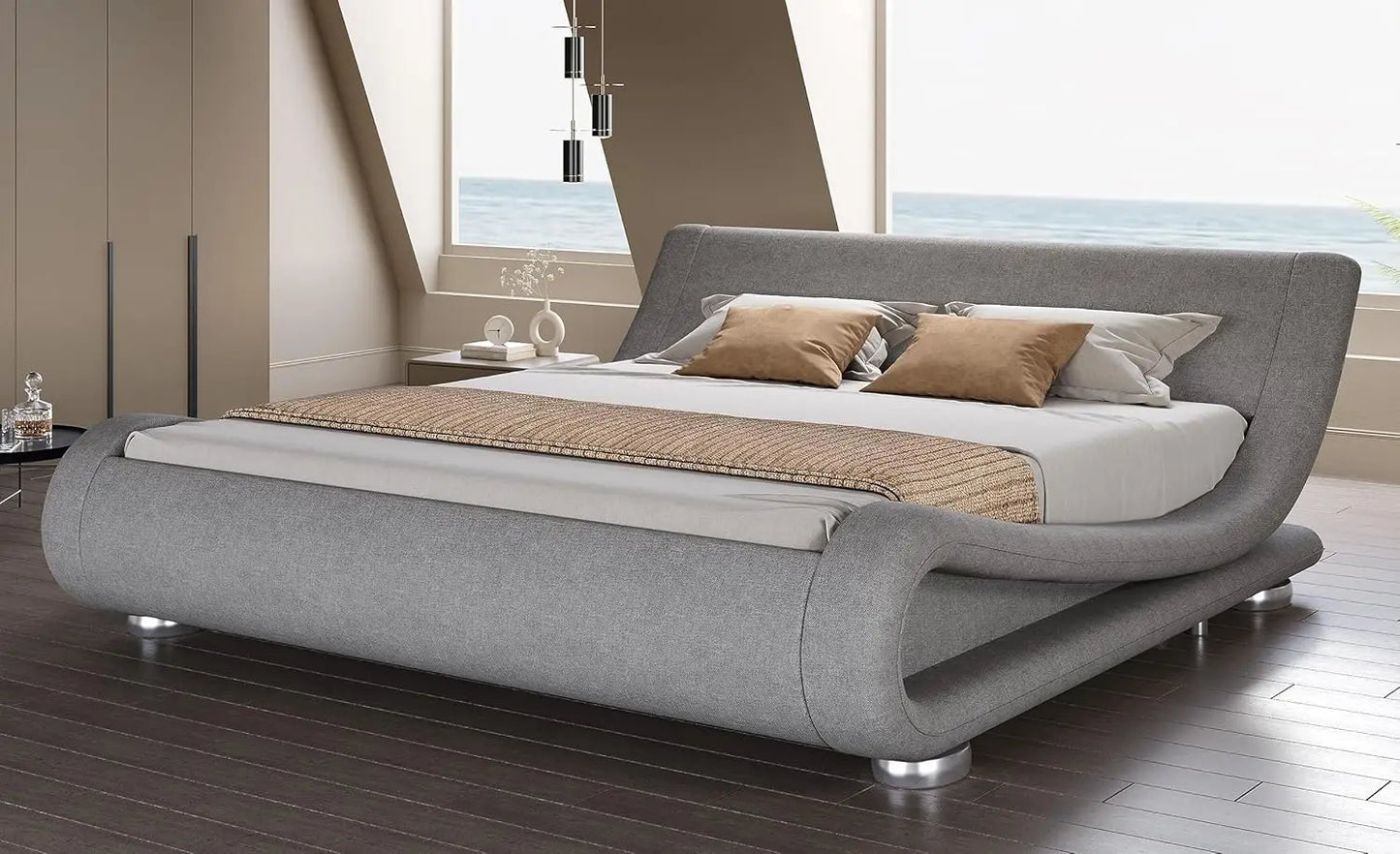 Bed frame, Low Profile Sleigh Bed with Faux Leather Ergonomics Headboard, No Box Spring Needed Easy Assembly, Bedroom Furniture