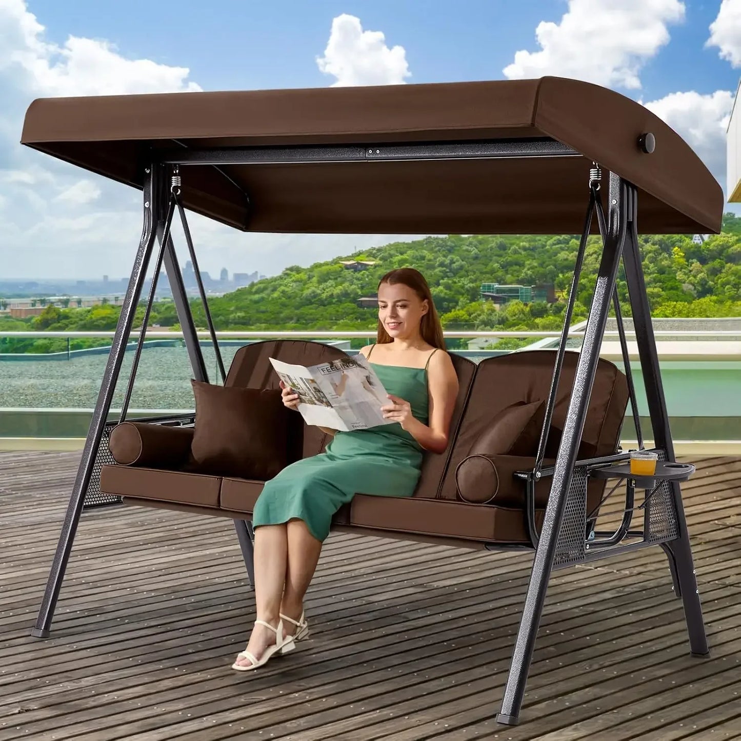 Outdoor Porch Swing with Adjustable Canopy Three Seat Outdoor Swing for Adults Patio Swing Chair with Thickened Cushions Khaki