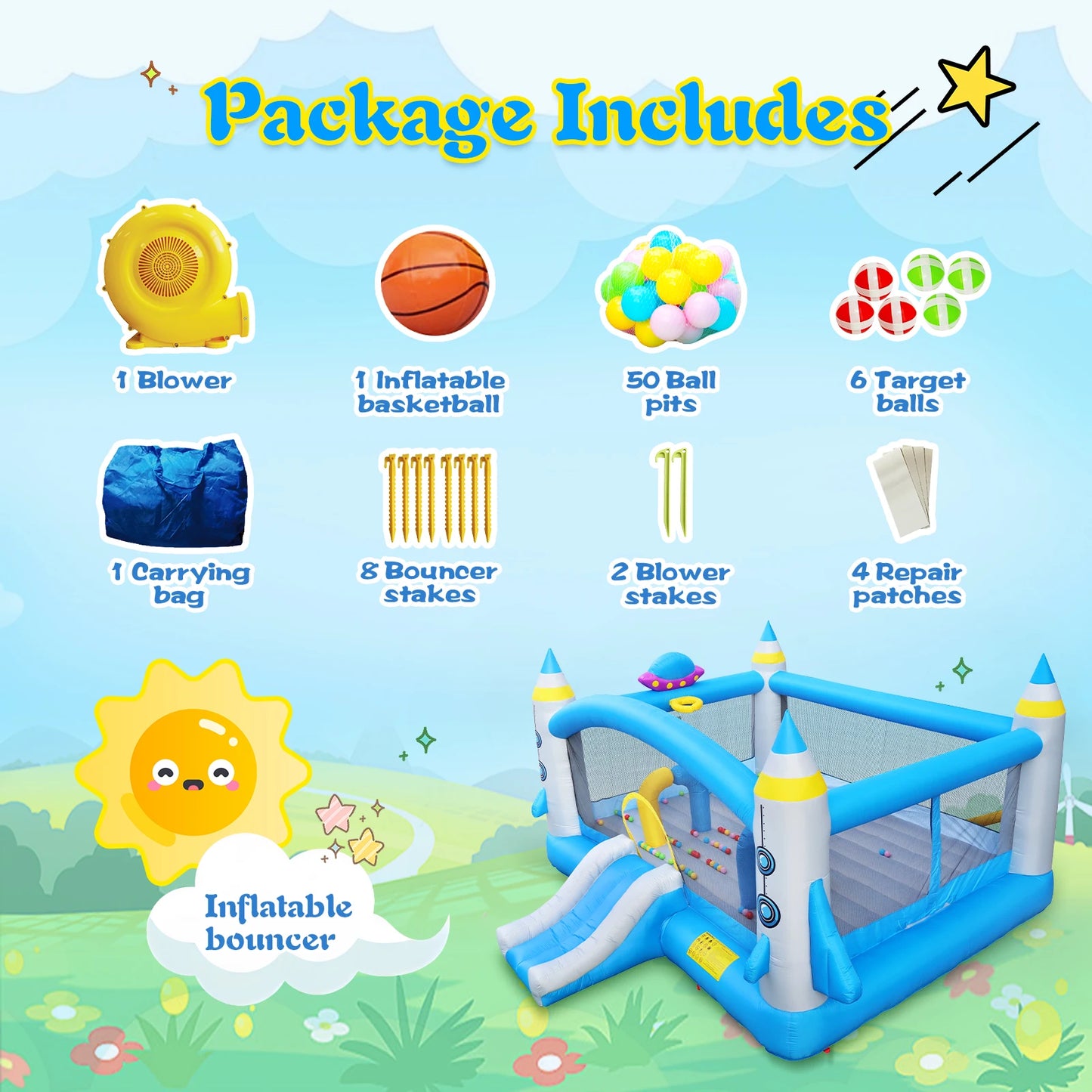 Kids Inflatable Bounce House With Long Slide Basketball Hoop Heavy Duty Oxford Fabric For Family Backyard Fun