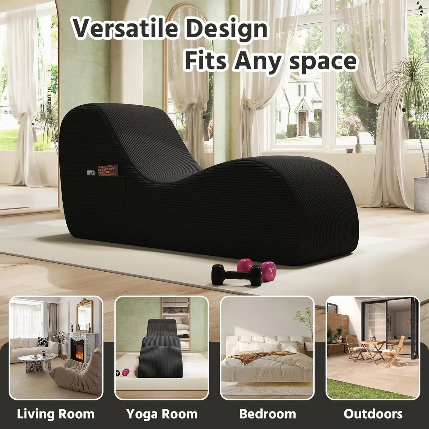 Yoga Chairs for Adults Chaise Lounge Chair with Waist Pad Foot Pad Side Pockets High Density Foam Non Slip Bottom