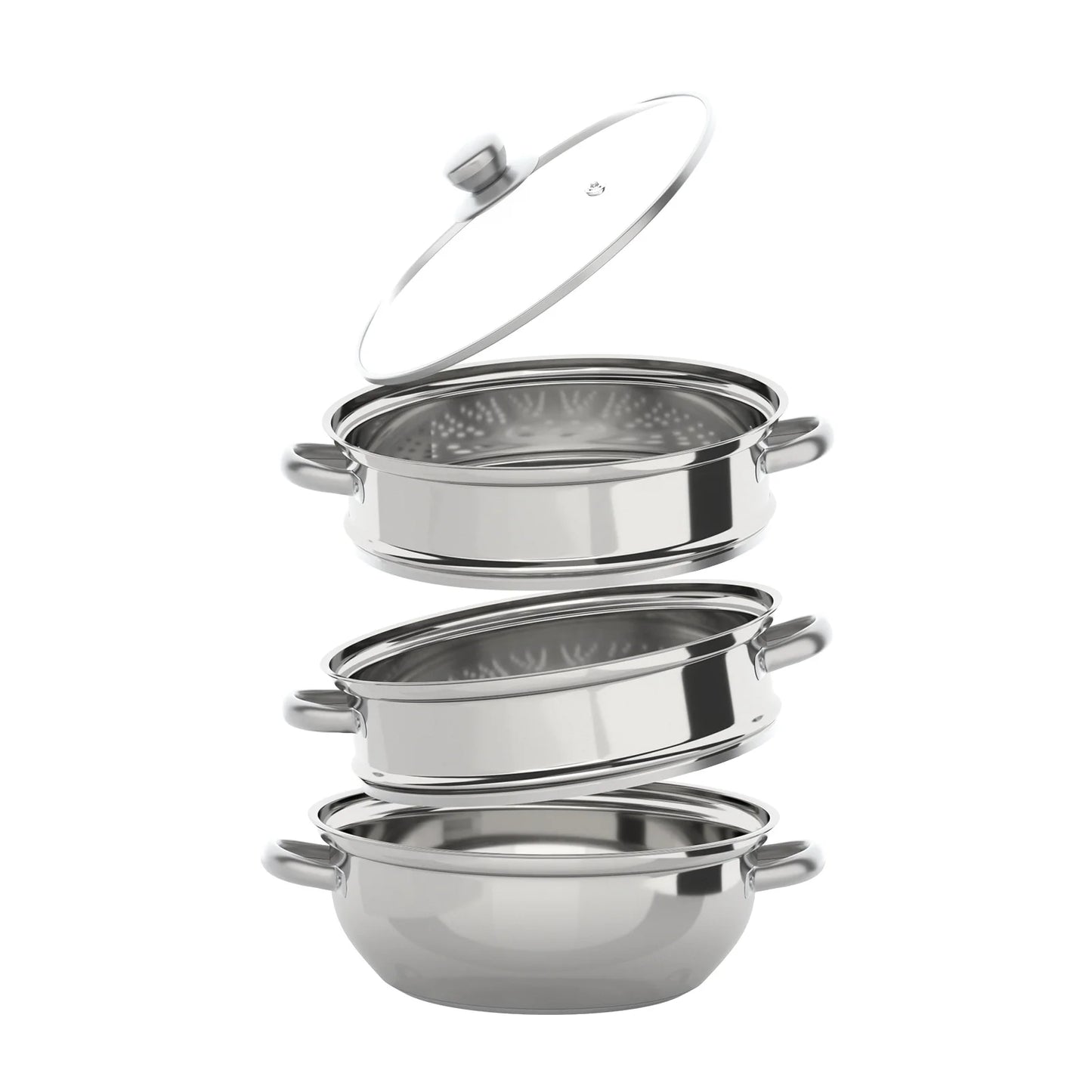 3 Tiers Stainless Steel Steamer 28cm Overlapping Steaming Pot Cookware Kitchen Soup Cooker Set Silver with Glass Lid