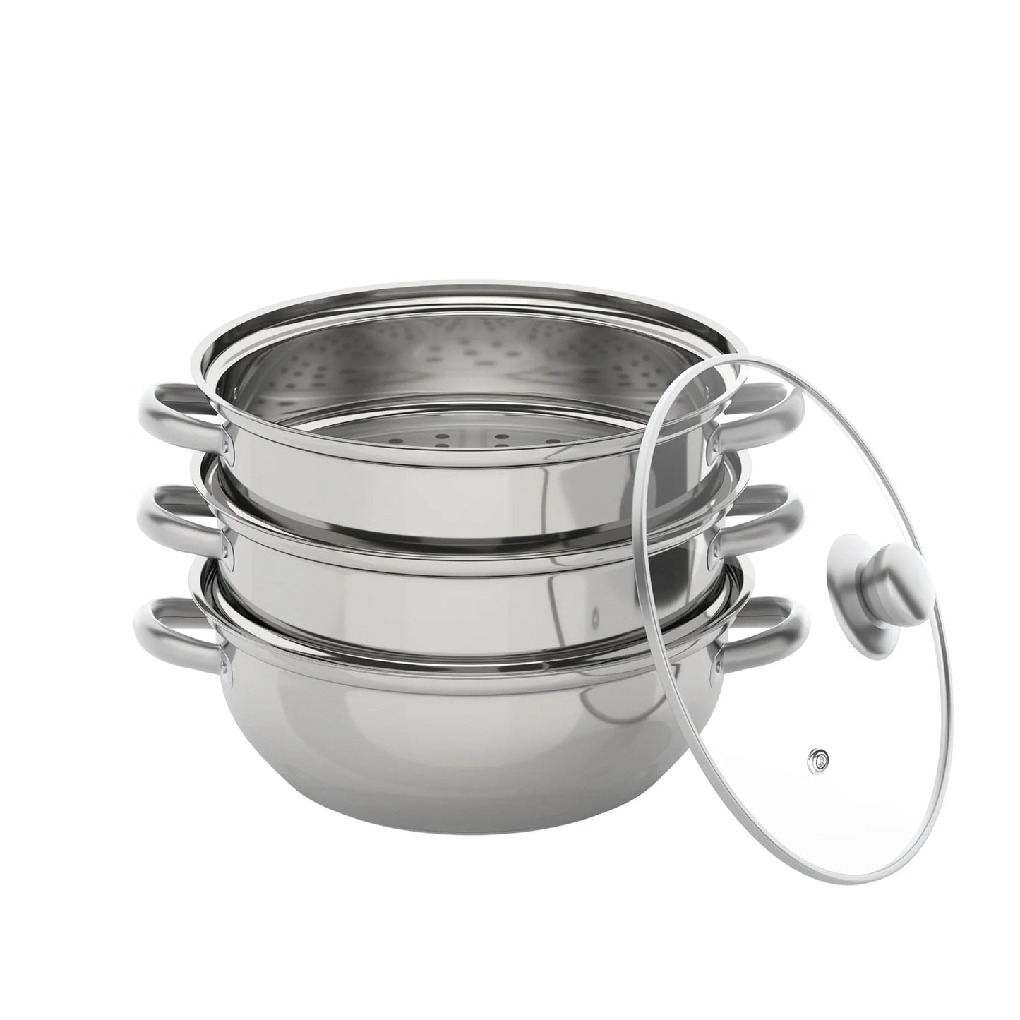 3 Tiers Stainless Steel Steamer 28cm Overlapping Steaming Pot Cookware Kitchen Soup Cooker Set Silver with Glass Lid